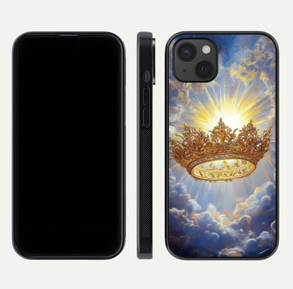 Heavenly Crown Light Glass Case for iPhone 15 Plus front and back view layout highlighting golden aura tones and curved glass edges