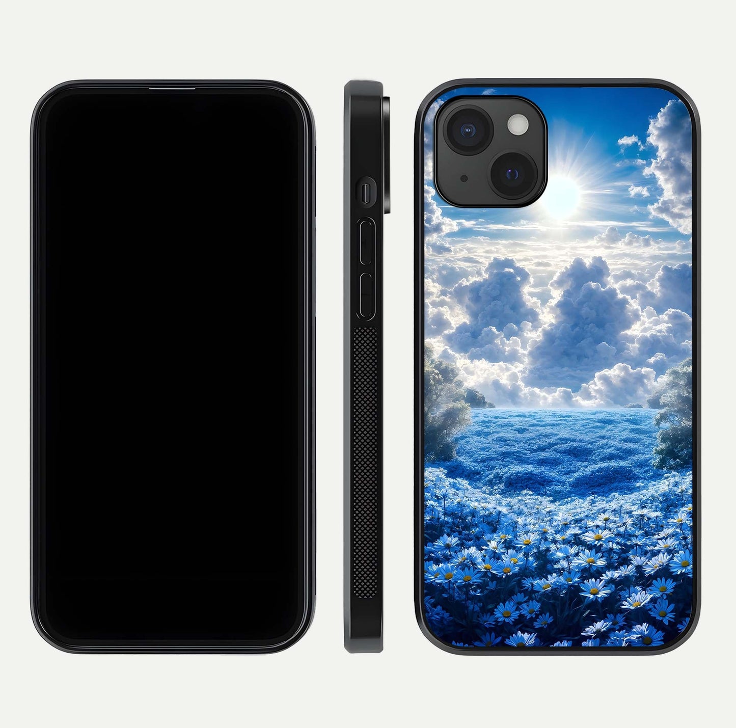 Heavenly Daisy Horizon Glass Case for iPhone 15 Plus front and back view layout highlighting floral field tones and curved edges