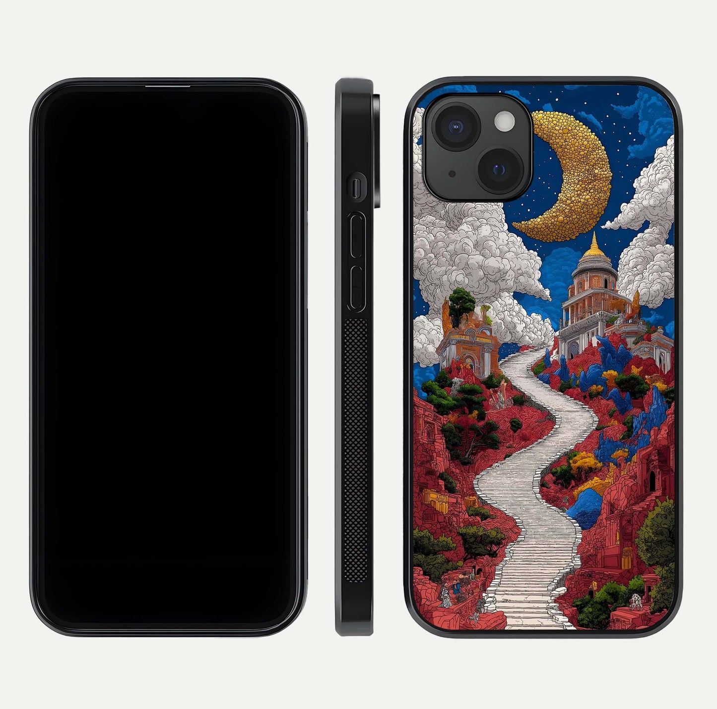 Heavenly Moon Path Glass Case for iPhone 15 Plus front and back view layout displaying night sky tones and curved glass edges