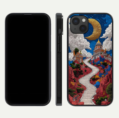 Heavenly Moon Path Glass Case for iPhone 15 Plus front and back view layout displaying night sky tones and curved glass edges