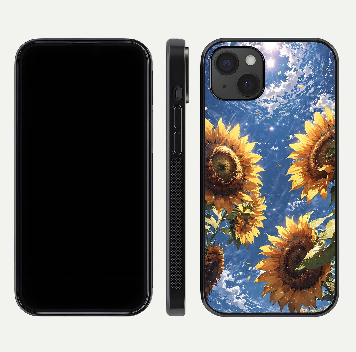 Heavenly Sunflower Rise Glass Case for iPhone 15 Plus front and back view layout highlighting golden floral tones and curved edges
