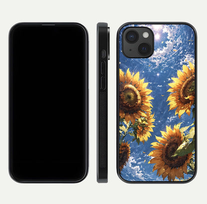 Heavenly Sunflower Rise Glass Case for iPhone 15 Plus front and back view layout highlighting golden floral tones and curved edges