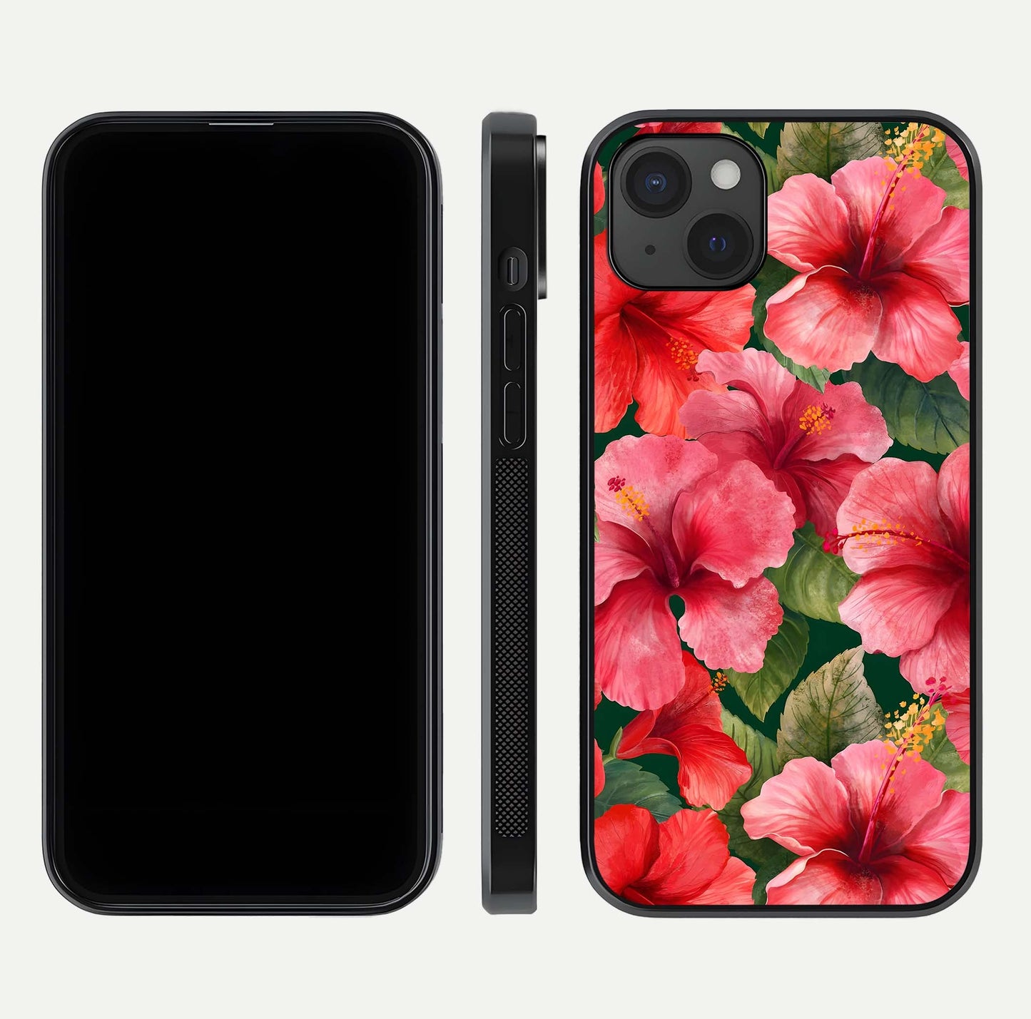 Hibiscus Pattern Glass Case for iPhone 15 Plus front and back view layout highlighting tropical design and curved glass edges