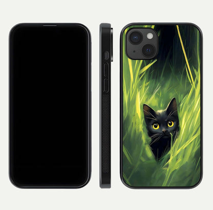 Hidden Cat Whisper Glass Case for iPhone 15 Plus front and back view layout highlighting minimalist art and curved edges