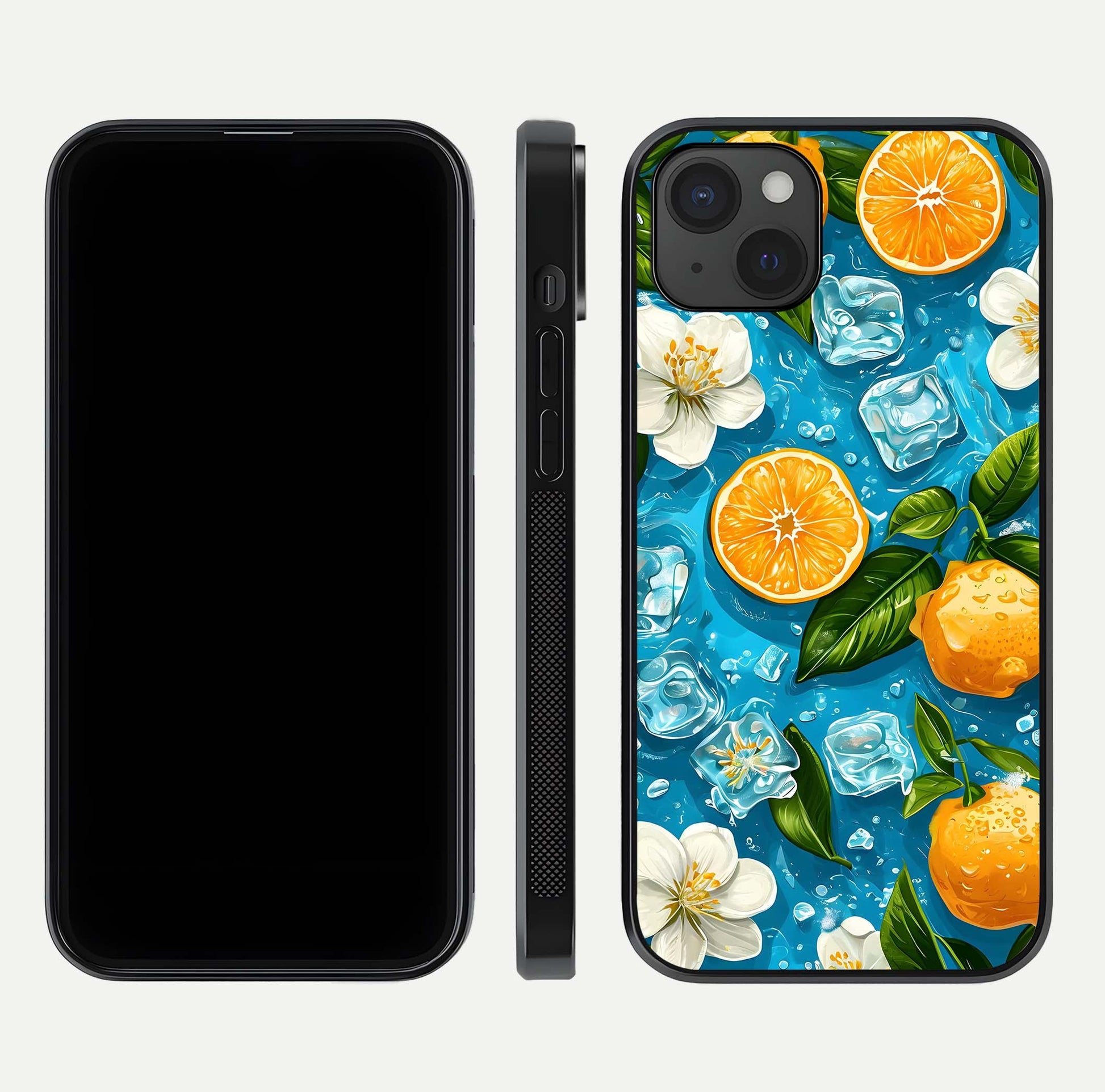 Ice Cube With Orange Glass Case for iPhone 15 Plus front and back view layout highlighting fresh orange tones and curved edges