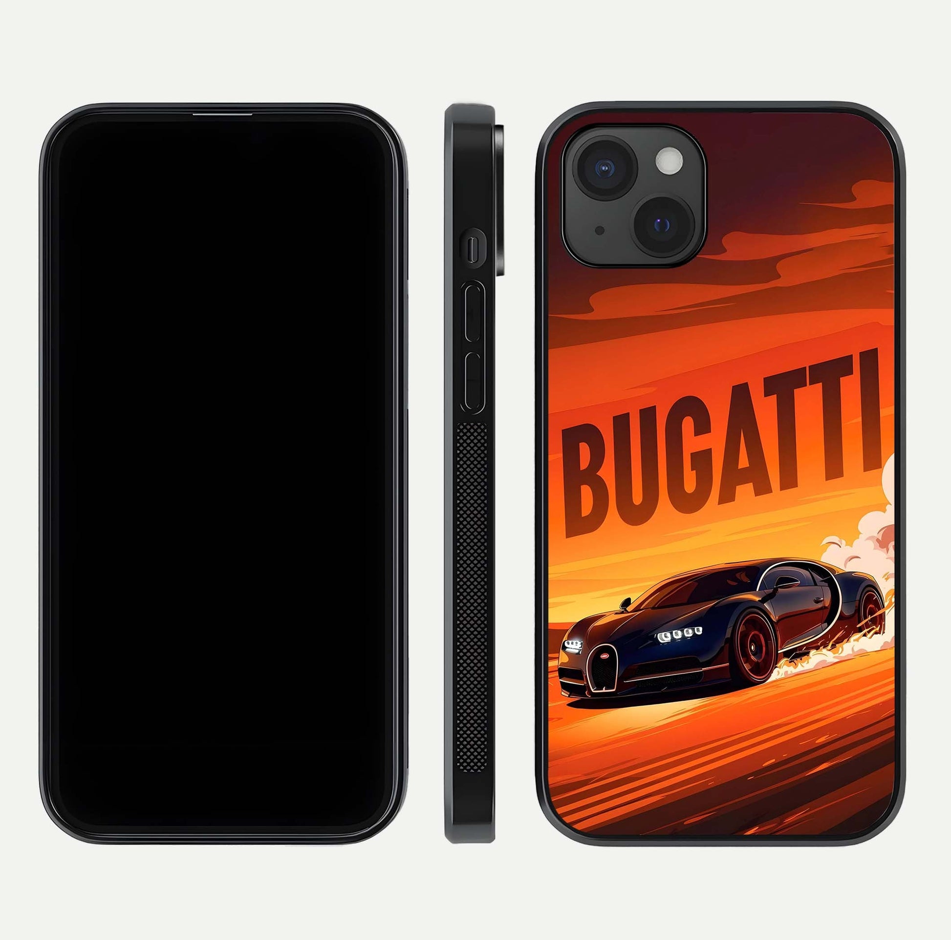 Inferno Bugatti Storm Glass Case for iPhone 15 Plus front and back view layout highlighting car silhouette and curved glass edge