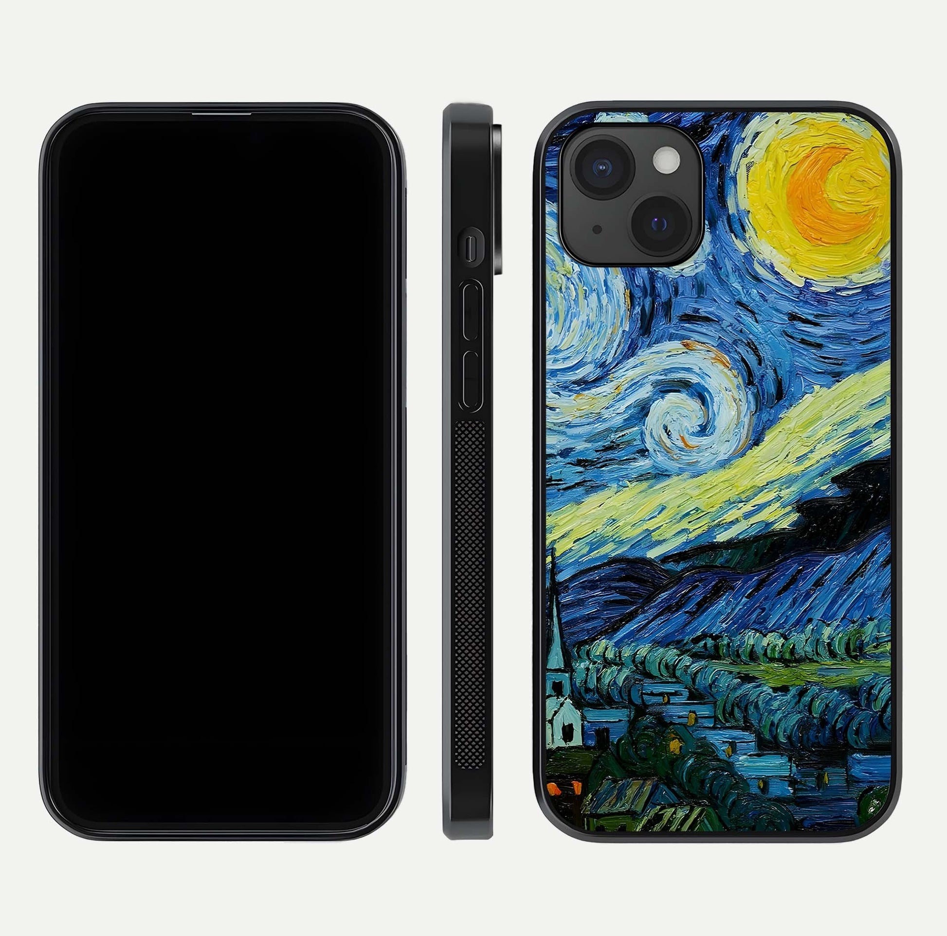 Inspired Van Gogh Art Glass Case for iPhone 15 Plus front and back view layout displaying vivid color tones and curved glass edges