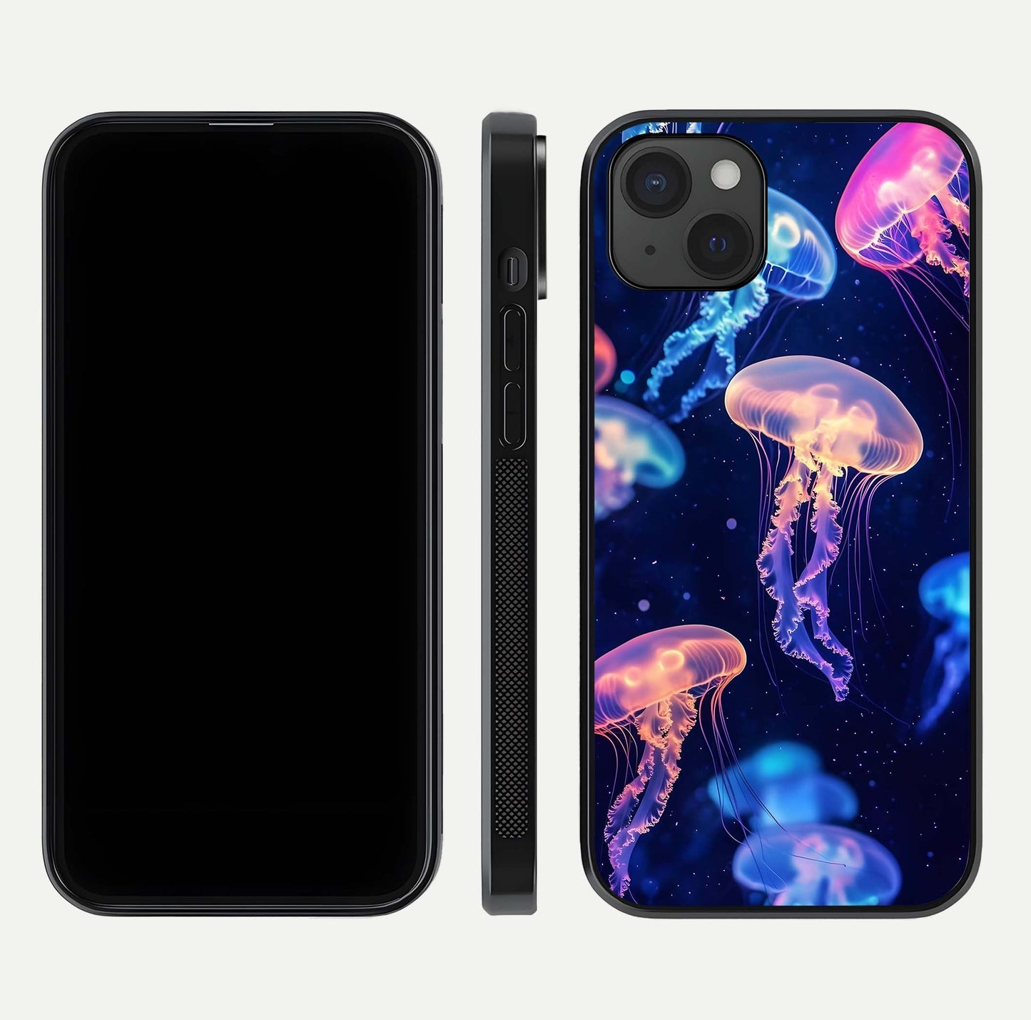 Jellyfish Pattern Glass Case for iPhone 15 Plus front and back view layout highlighting aquatic tones and curved edges
