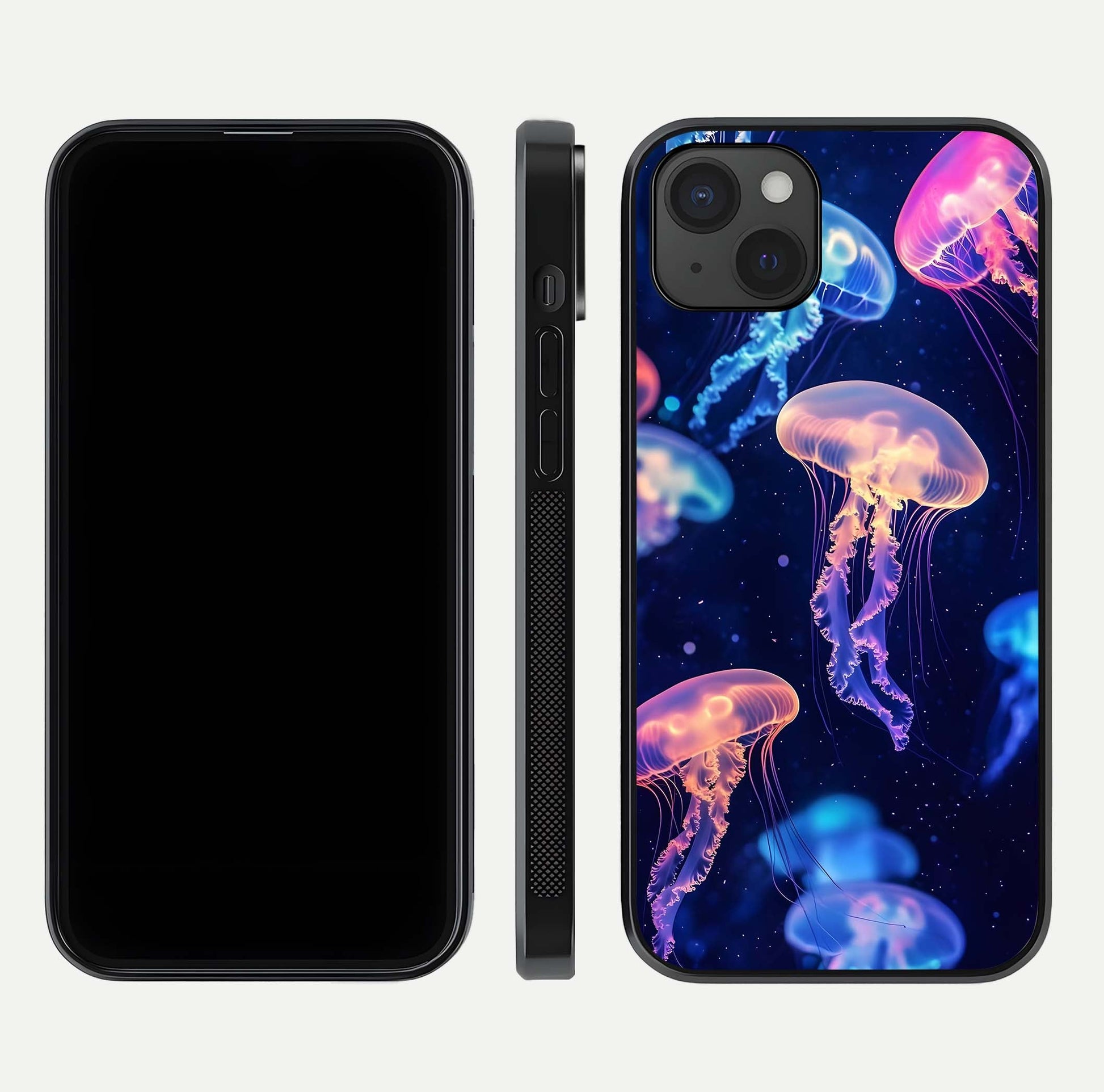 Jellyfish Pattern Glass Case for iPhone 15 Plus front and back view layout highlighting aquatic tones and curved edges