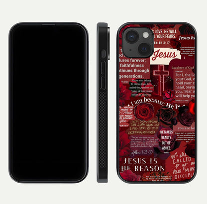Jesus Love Heals Glass Case for iPhone 15 Plus front and back view layout with elegant typography and smooth edges