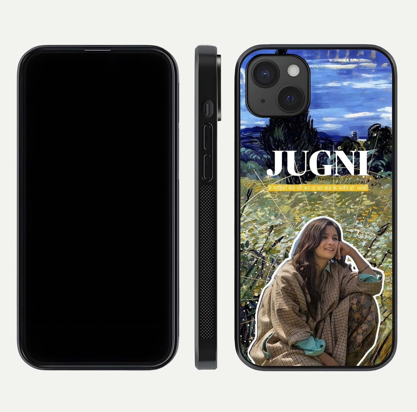 Jugni Soul Vibes Glass Case for iPhone 15 Plus front and back view layout highlighting desi art and curved glass edges