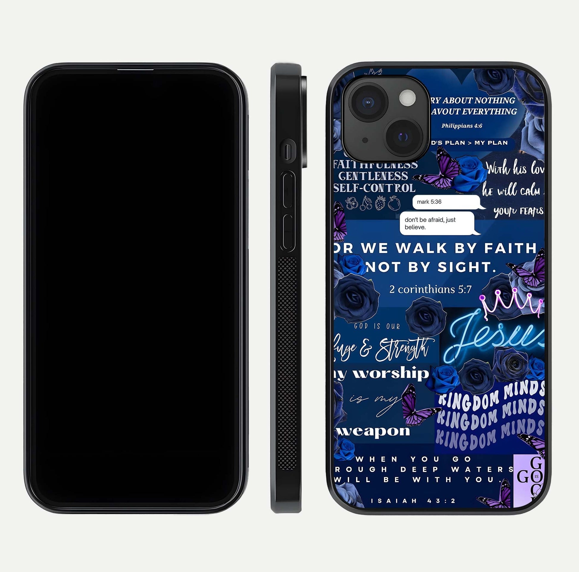 Kingdom Faith Glow Glass Case for iPhone 15 Plus front and back view layout highlighting radiant spiritual design