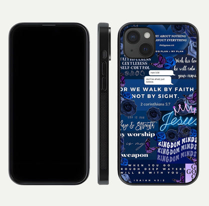 Kingdom Faith Glow Glass Case for iPhone 15 Plus front and back view layout highlighting radiant spiritual design