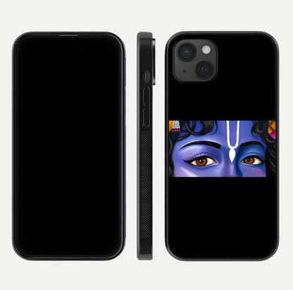 Krishna Eye Glass Case for iPhone 15 Plus front and back view layout highlighting detailed spiritual motif