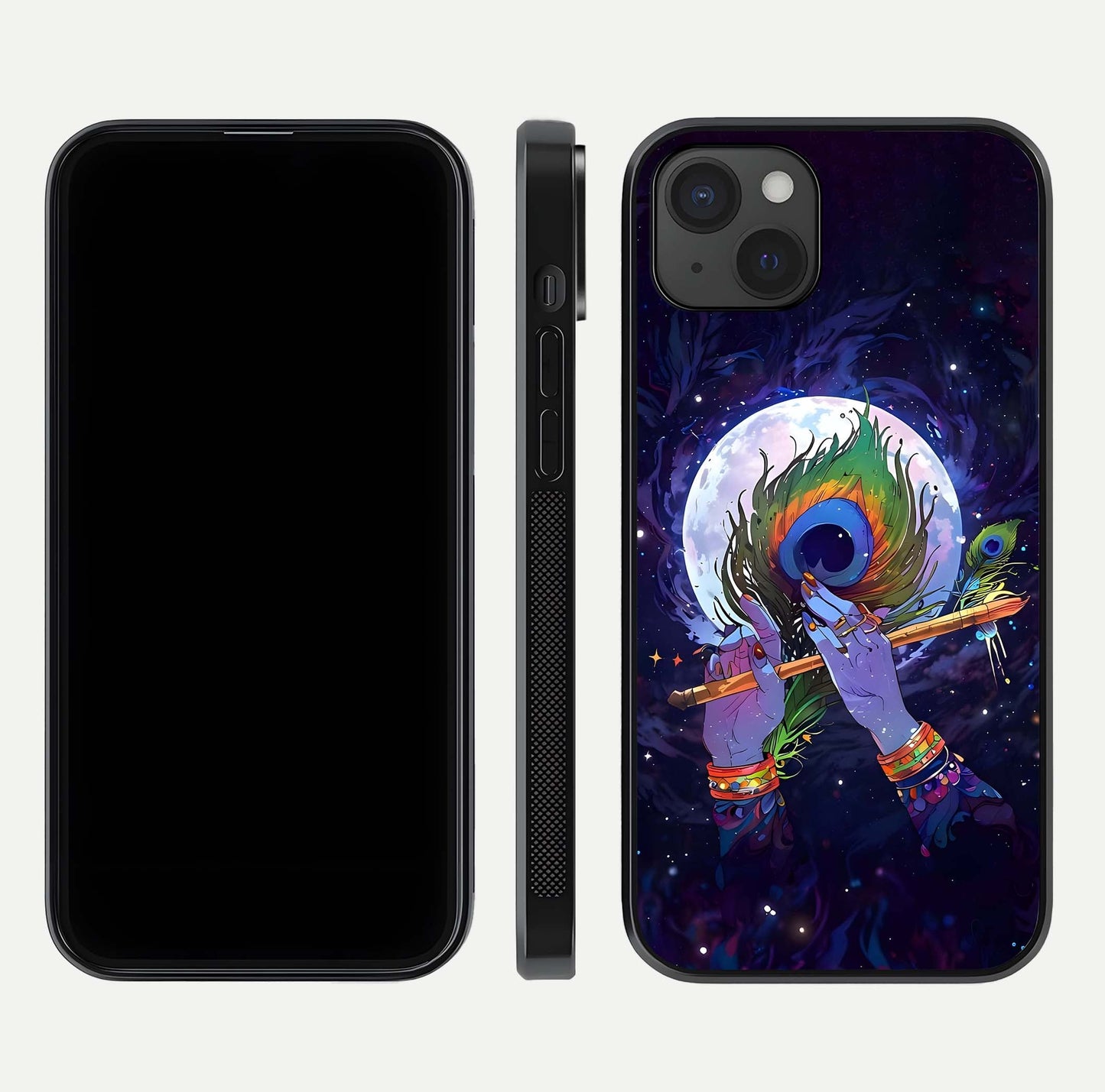 Krishna Hands Art Glass Case for iPhone 15 Plus front and back view layout displaying soft edges and spiritual tones