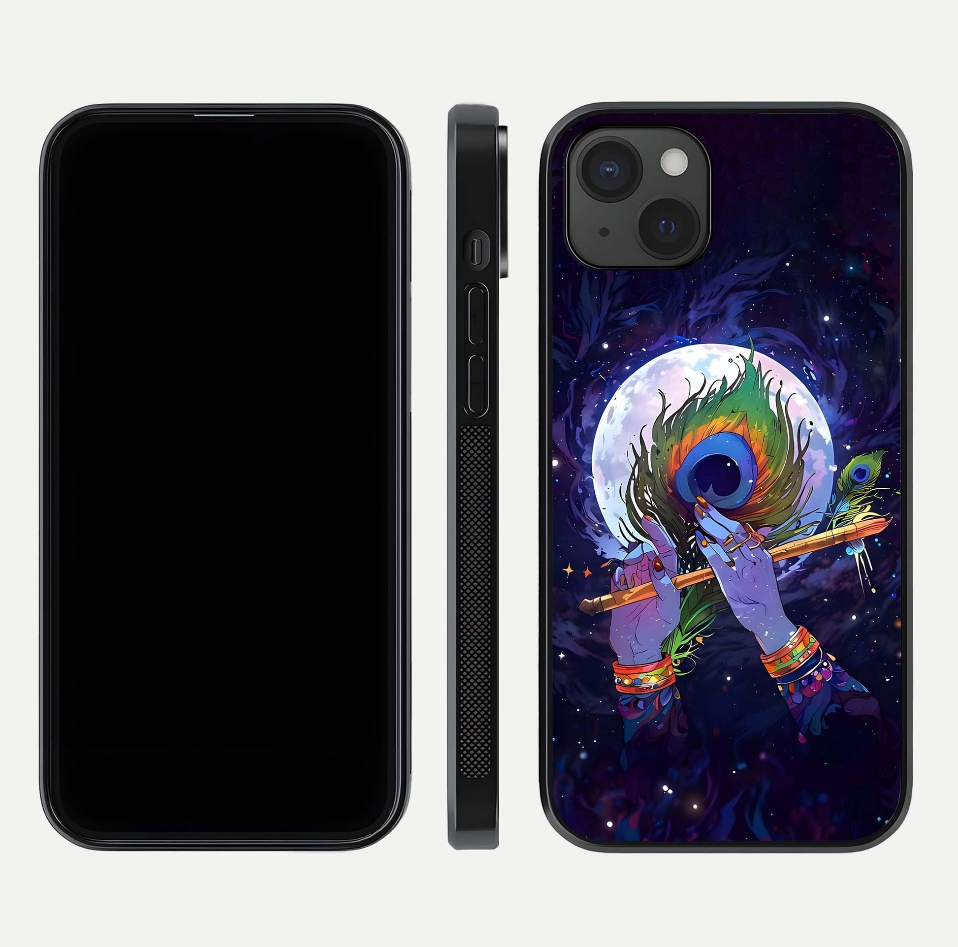 Krishna Hands Art Glass Case for iPhone 15 Plus front and back view layout displaying soft edges and spiritual tones