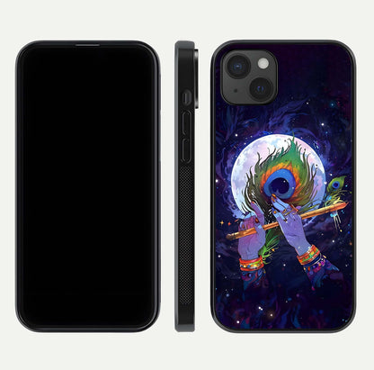 Krishna Hands Art Glass Case for iPhone 15 Plus front and back view layout displaying soft edges and spiritual tones