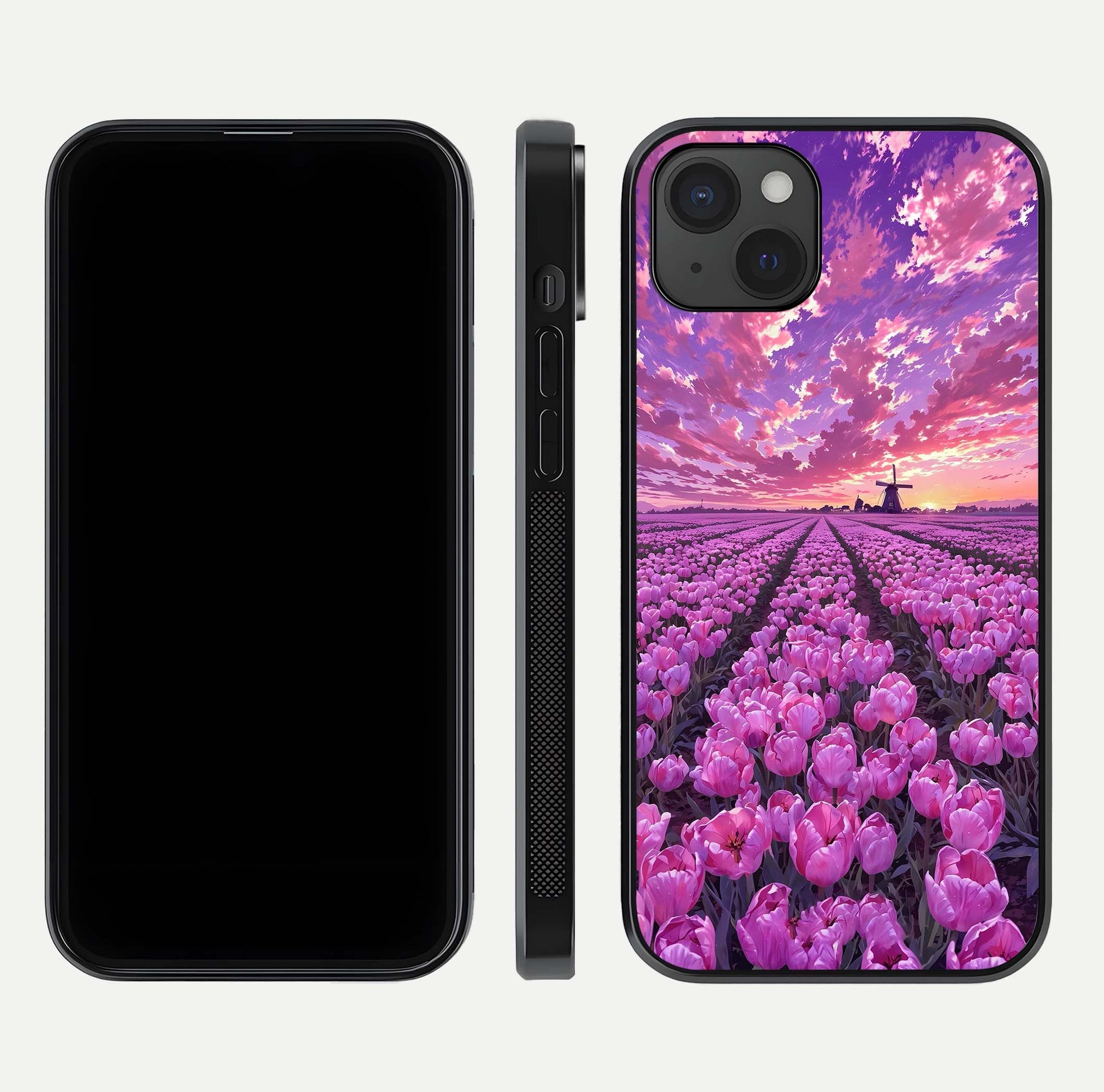 Lavender Dream Skies Glass Case for iPhone 15 Plus front and back view layout highlighting dreamy sky gradient