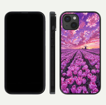 Lavender Dream Skies Glass Case for iPhone 15 Plus front and back view layout highlighting dreamy sky gradient