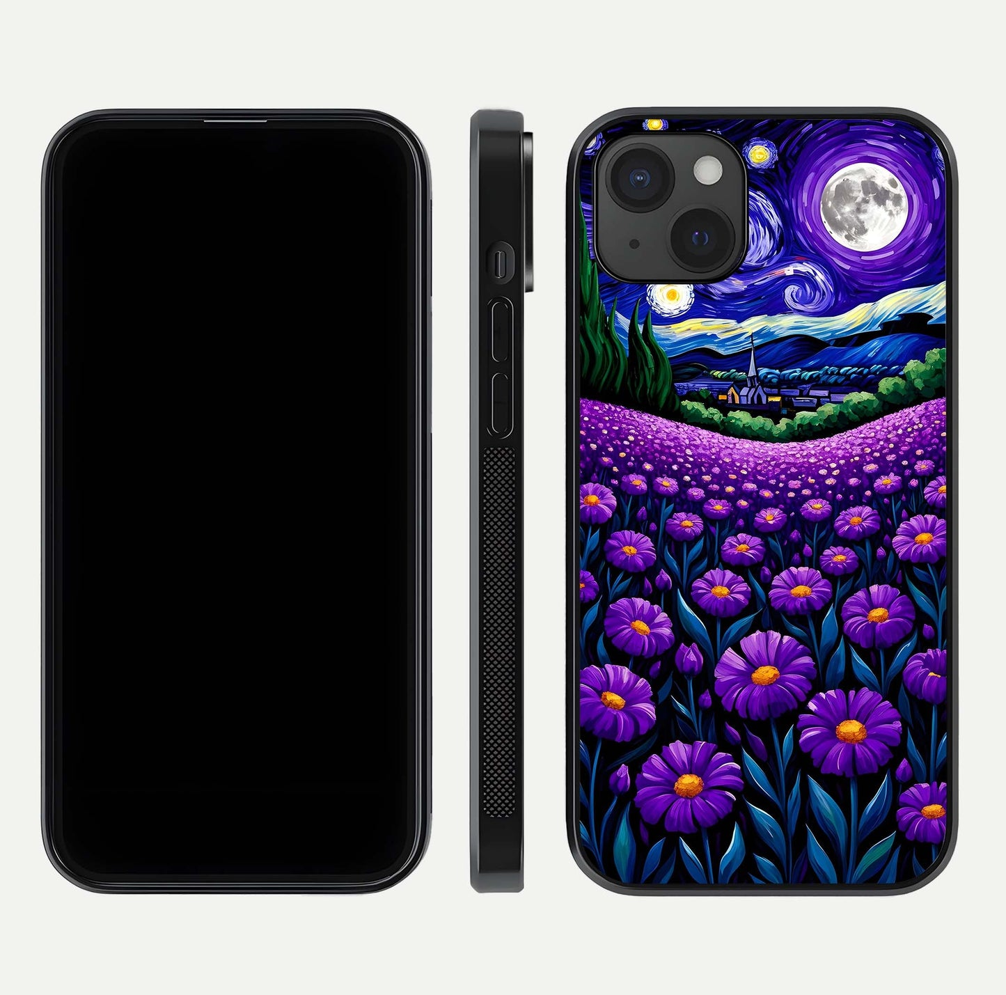 Lavender Moon Field Glass Case for iPhone 15 Plus front and back view layout with soft gradient and curved edges