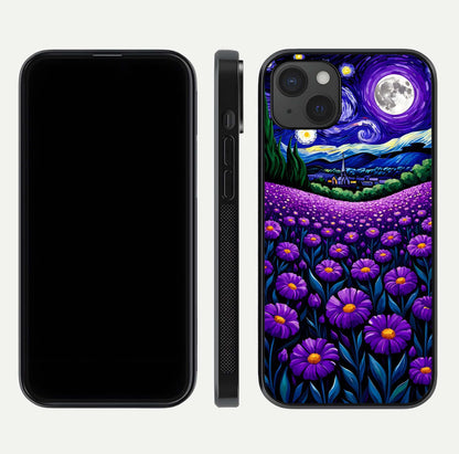 Lavender Moon Field Glass Case for iPhone 15 Plus front and back view layout with soft gradient and curved edges