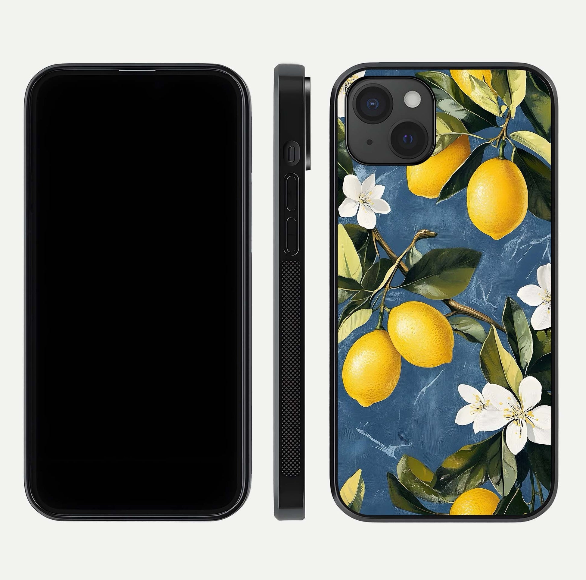 Lemon Dream Garden Glass Case for iPhone 15 Plus front and back view layout highlighting garden tones and edges