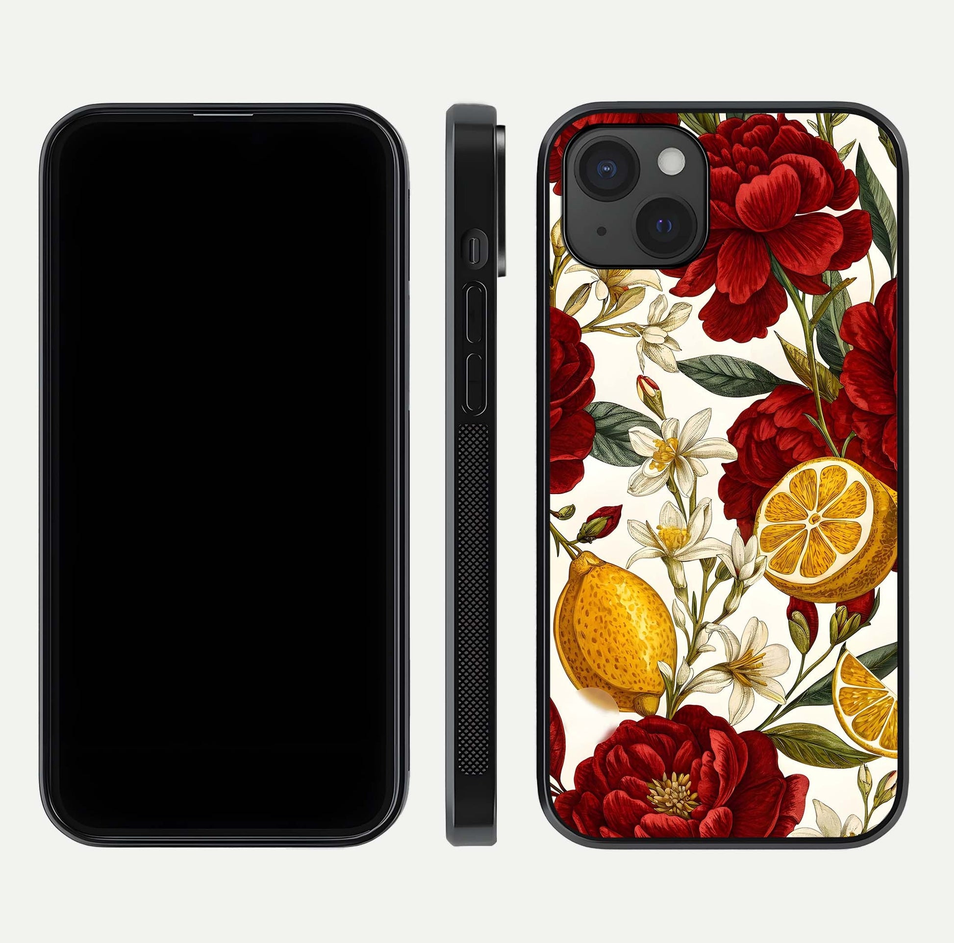 Lemon Rose Charm Glass Case for iPhone 15 Plus front & back layout highlighting soft yellow tones and curved edges