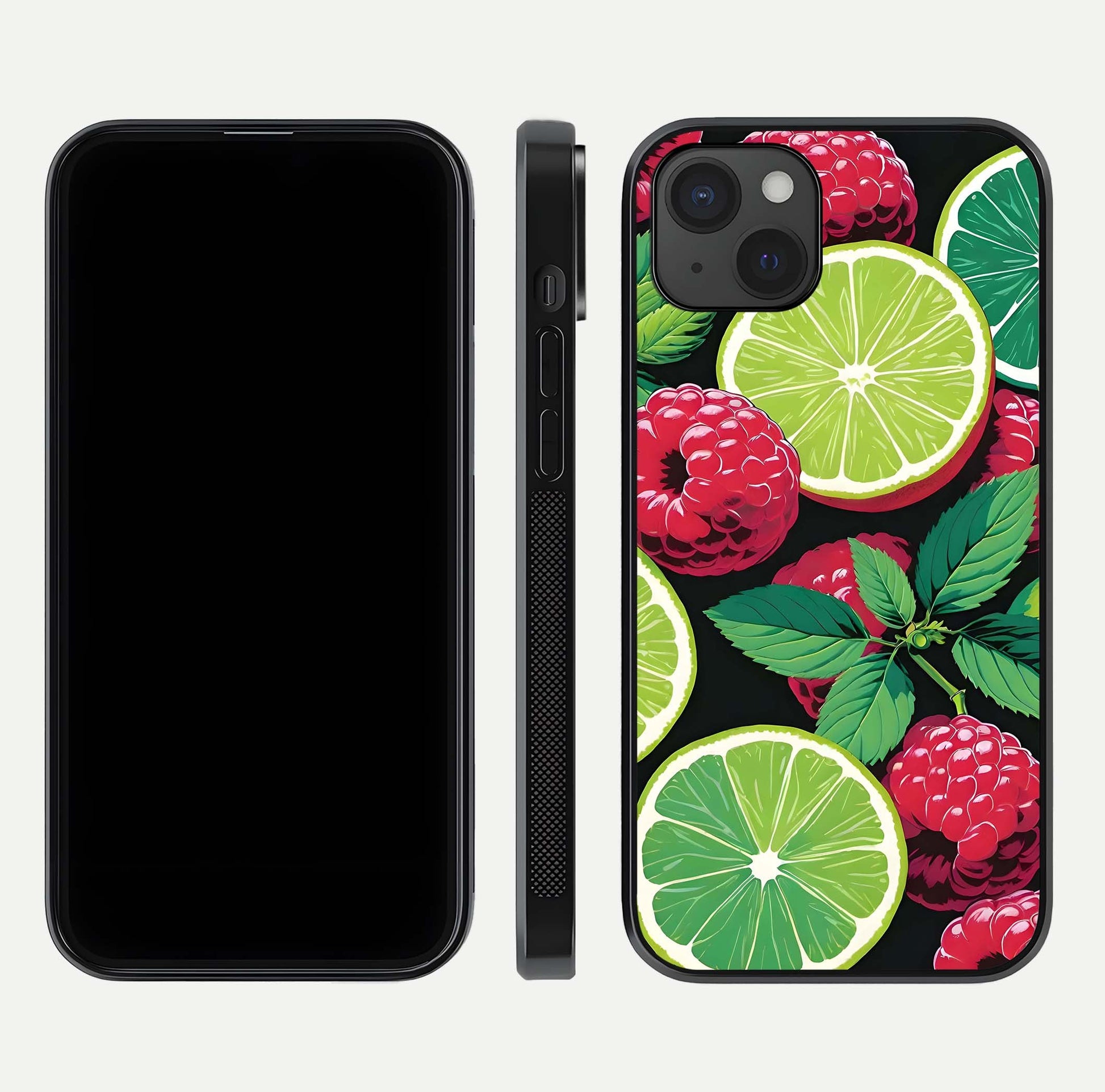 Lime and Raspberry Pattern Glass Case for iPhone 15 Plus front & back layout highlighting fresh summer tones