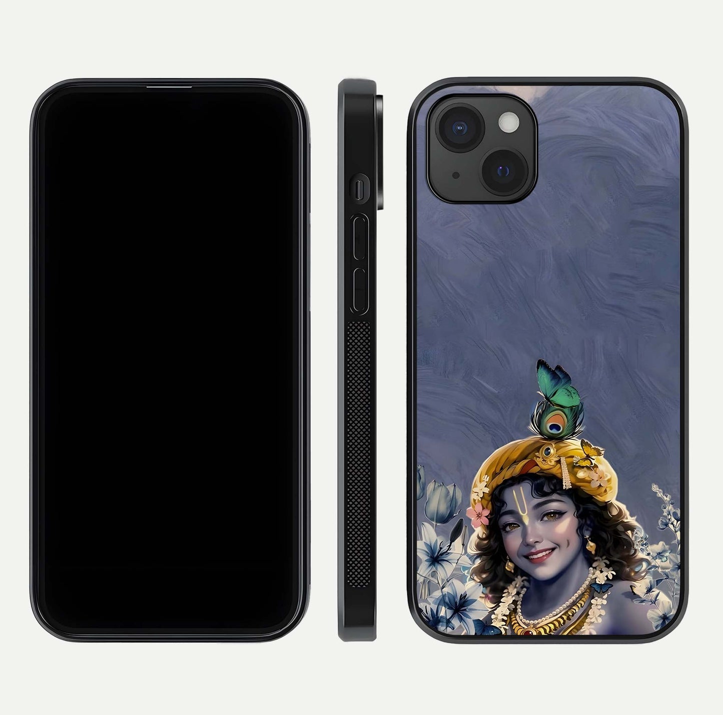 Lord Krishna Glass Case for iPhone 15 Plus front & back layout displaying soft tones and elegant edges