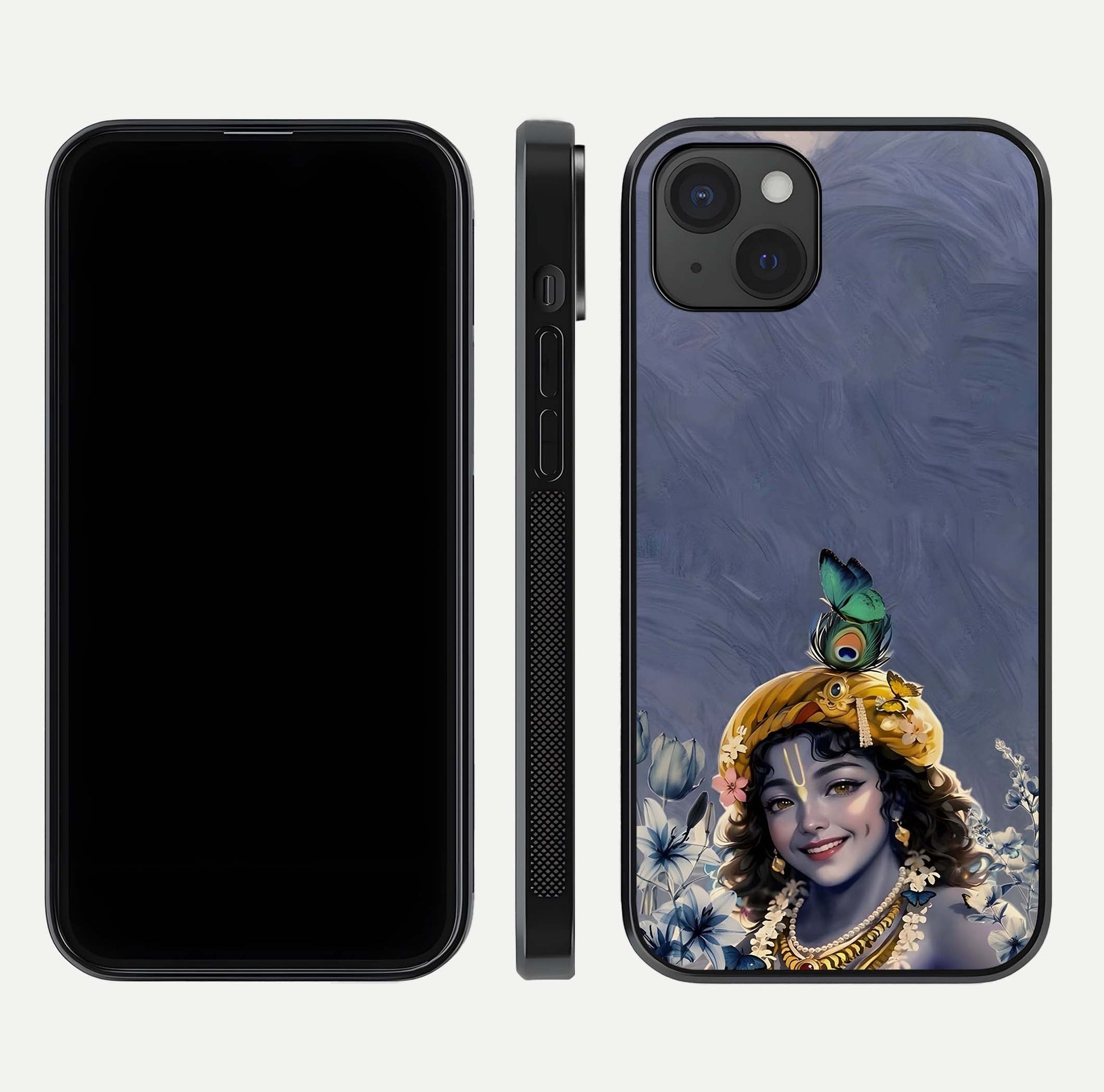 Lord Krishna Glass Case for iPhone 15 Plus front & back layout displaying soft tones and elegant edges