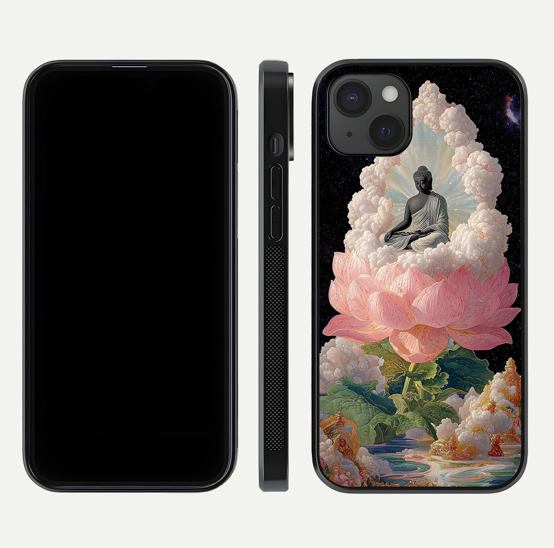 Lotus Divine Peace Glass Case for iPhone 15 Plus front & back layout highlighting soft pink hues and curved edges