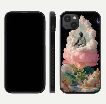 Lotus Divine Peace Glass Case for iPhone 15 Plus front & back layout highlighting soft pink hues and curved edges