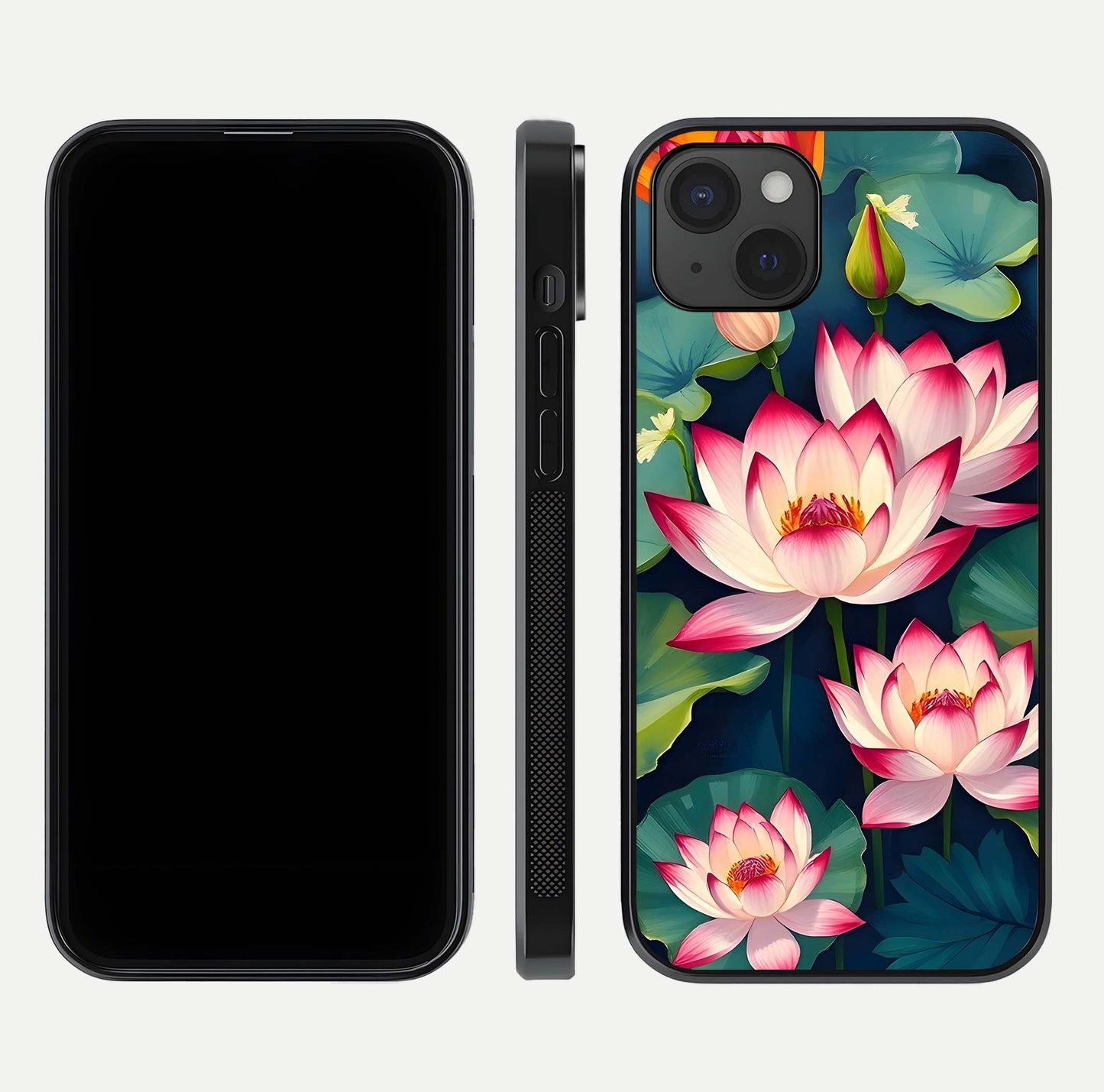Lotus Dream Serenity Glass Case for iPhone 15 Plus front & back layout with elegant finish and edge curve