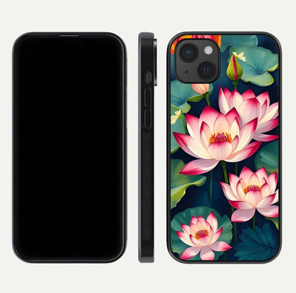 Lotus Dream Serenity Glass Case for iPhone 15 Plus front & back layout with elegant finish and edge curve