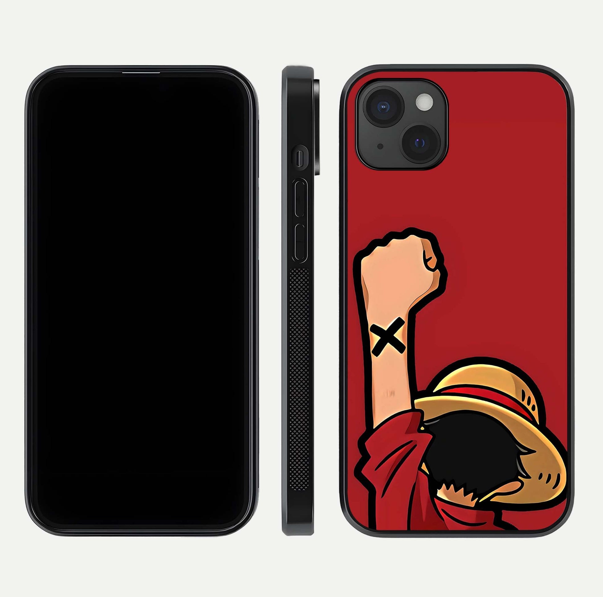 Luffy X Spirit Glass Case for iPhone 15 Plus front & back layout displaying anime theme and curved edges