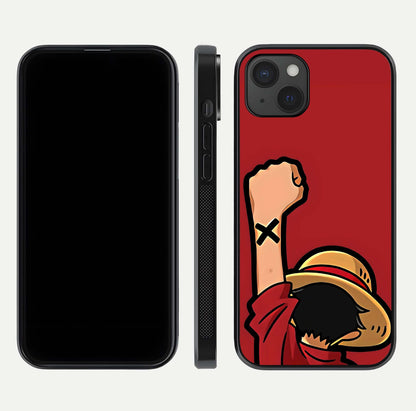 Luffy X Spirit Glass Case for iPhone 15 Plus front & back layout displaying anime theme and curved edges
