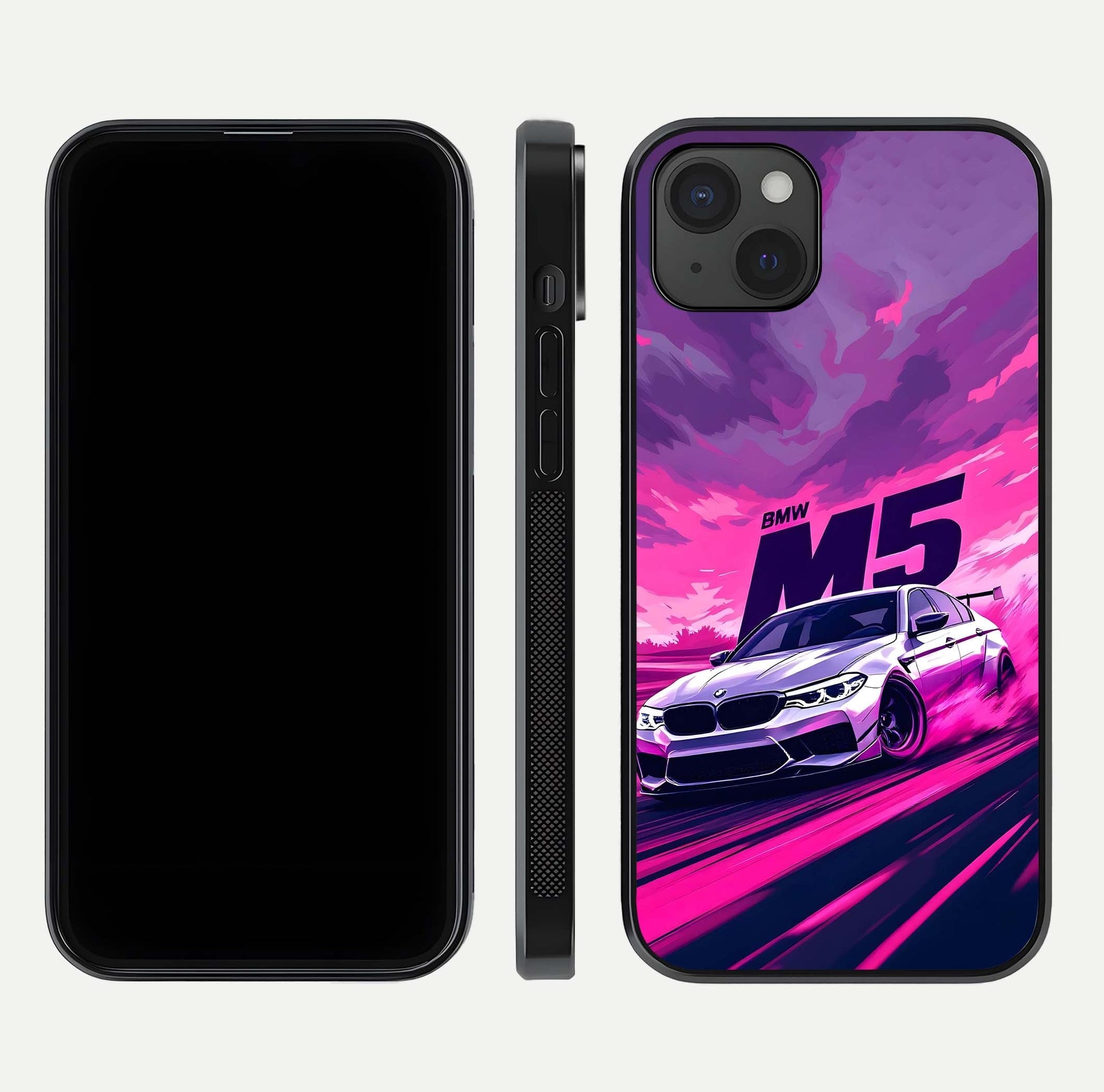 MS Neon Car Glass Case for iPhone 15 Plus front & back layout highlighting automotive art and curved design