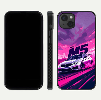 MS Neon Car Glass Case for iPhone 15 Plus front & back layout highlighting automotive art and curved design