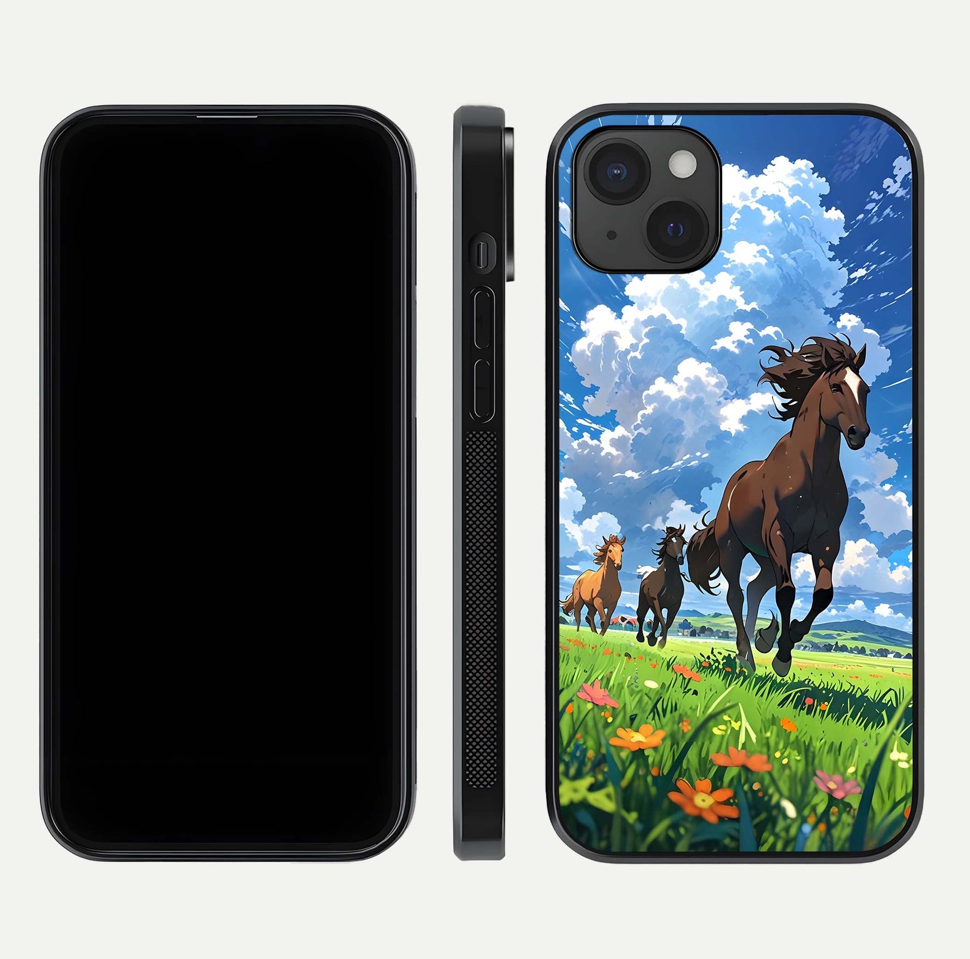 Majestic Horses Galloping Glass Case for iPhone 15 Plus front & back layout highlighting dynamic design and edges