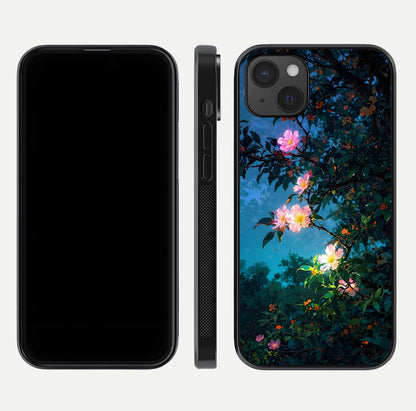 Midnight Bloom Glow Glass Case for iPhone 15 Plus front & back layout highlighting moody tones and smooth finish