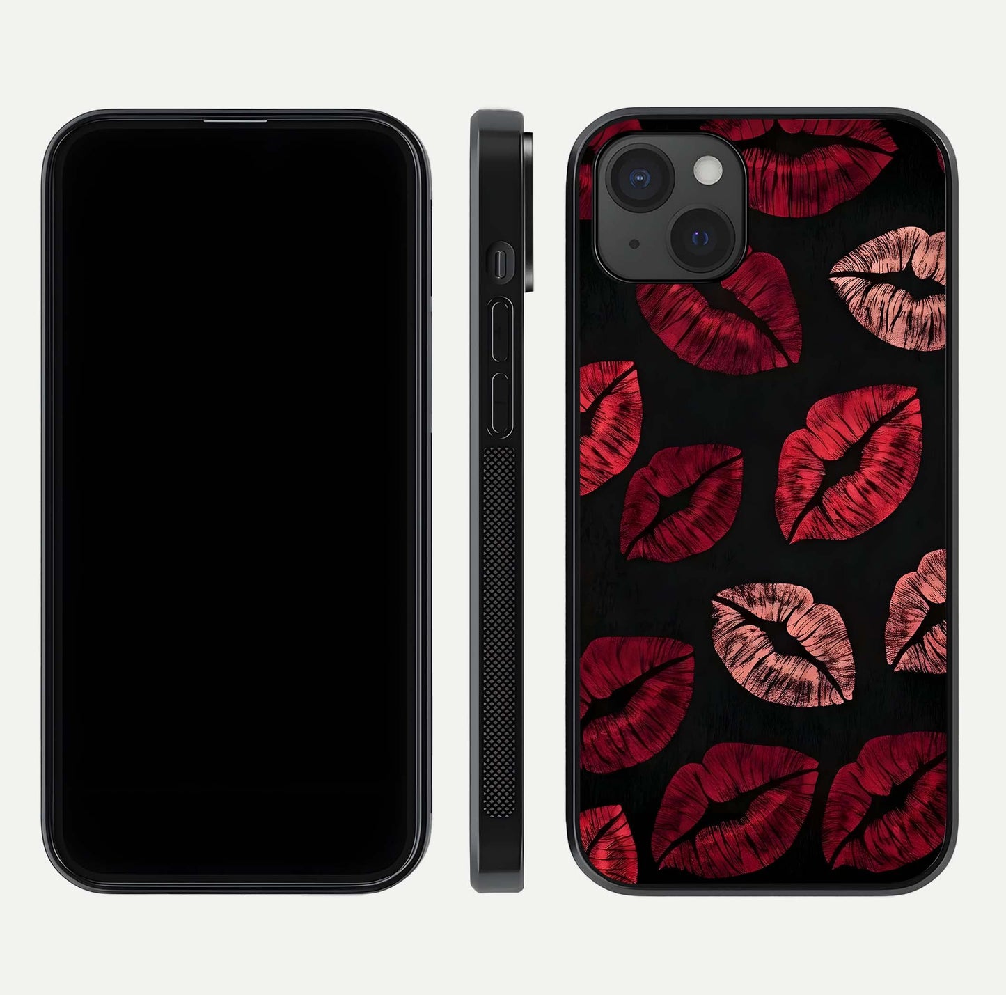 Midnight Kiss Love Glass Case for iPhone 15 Plus front & back view layout showing romantic theme and smooth curves