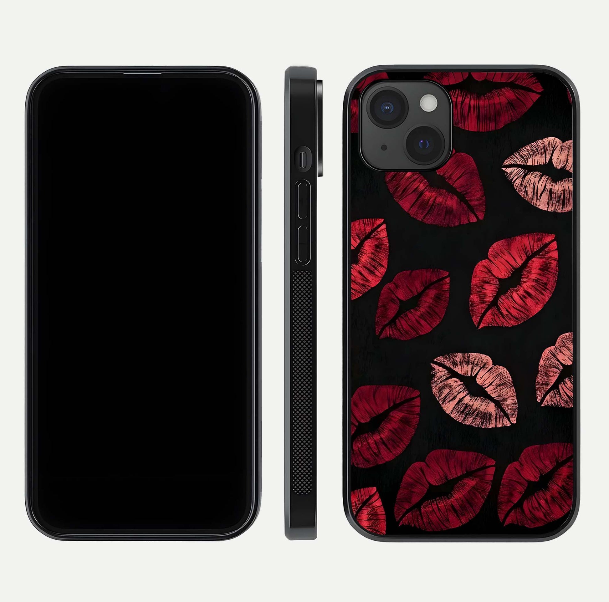 Midnight Kiss Love Glass Case for iPhone 15 Plus front & back view layout showing romantic theme and smooth curves