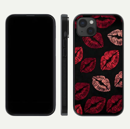 Midnight Kiss Love Glass Case for iPhone 15 Plus front & back view layout showing romantic theme and smooth curves