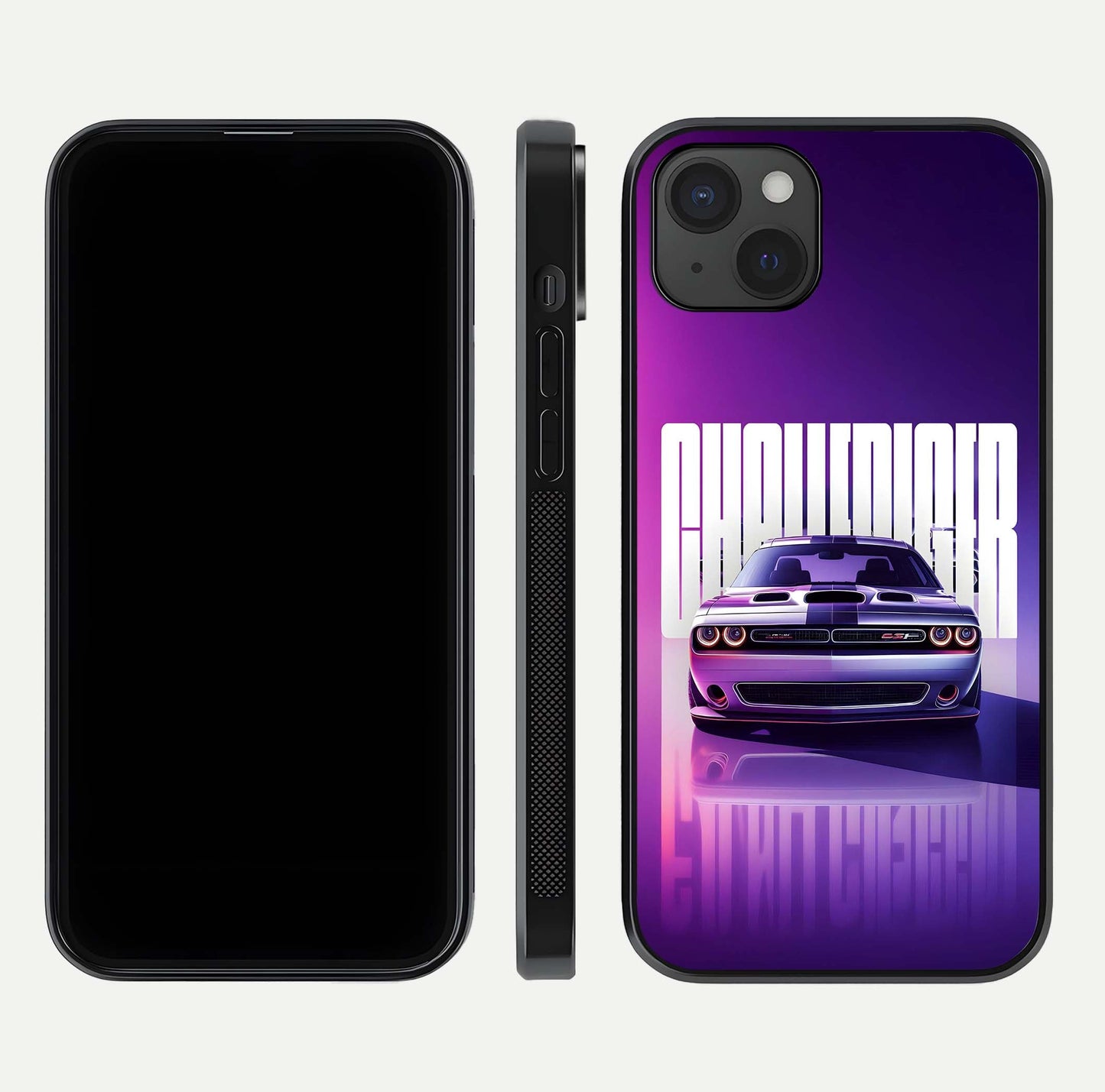Midnight Muscle Ride Glass Case for iPhone 15 Plus front & back layout with dark automotive tones and edges