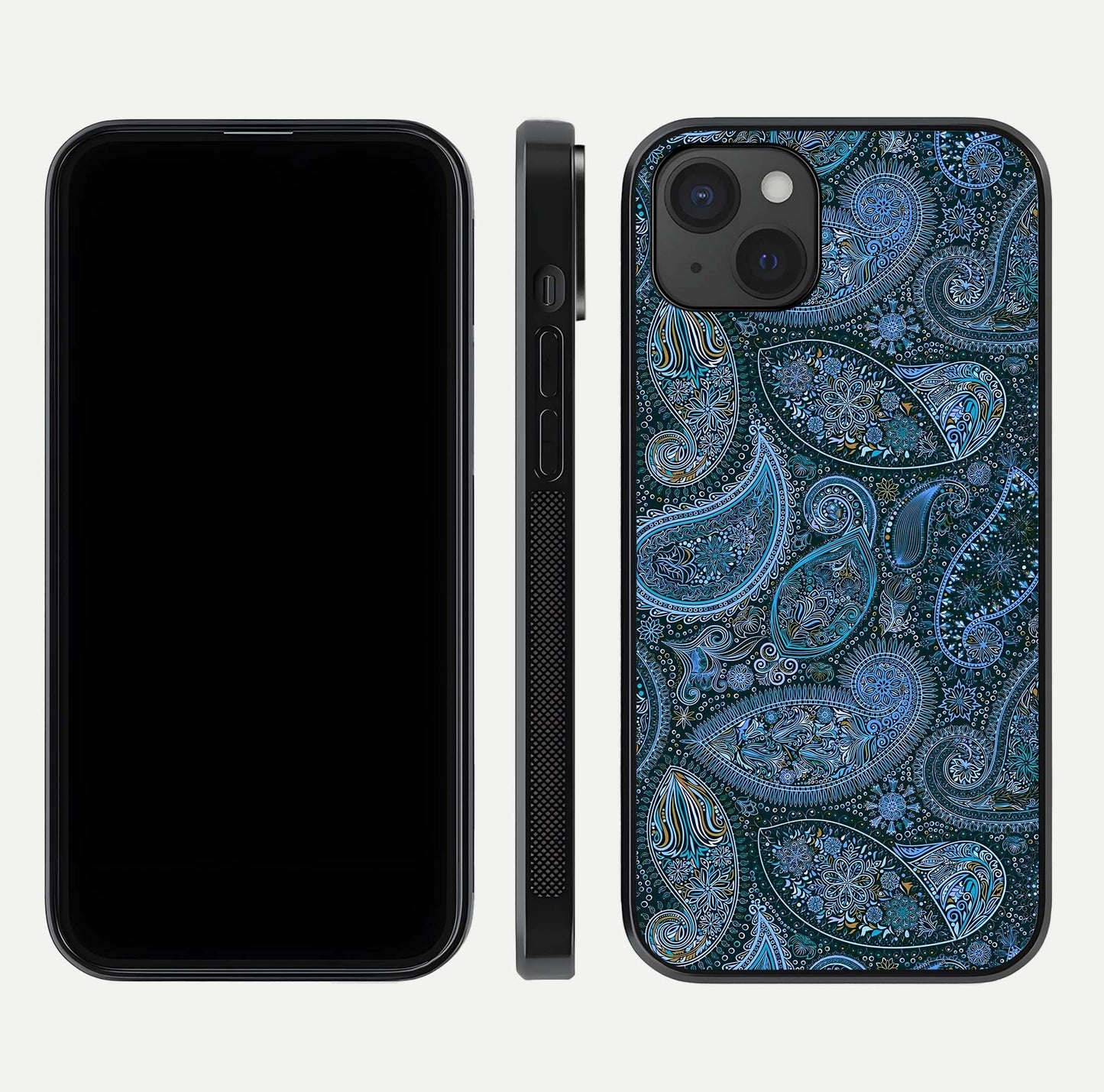 Midnight Paisley Glow Glass Case for iPhone 15 Plus front & back layout highlighting elegant edge finish