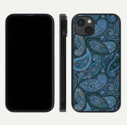 Midnight Paisley Glow Glass Case for iPhone 15 Plus front & back layout highlighting elegant edge finish