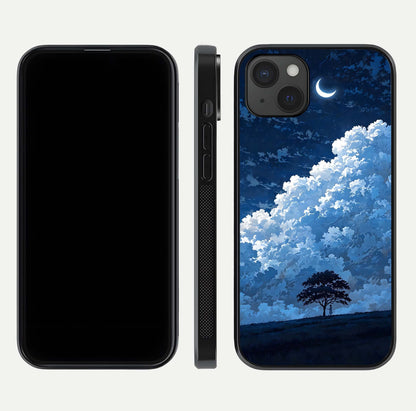 Midnight Sky Serenity Glass Case for iPhone 15 Plus front & back layout highlighting celestial art and curves