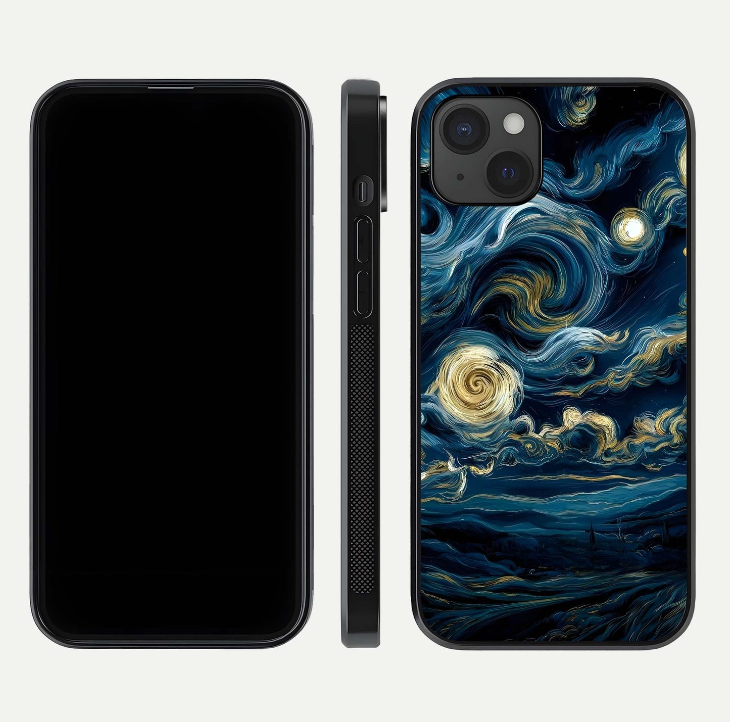 Midnight Sky Whirl Glass Case for iPhone 15 Plus front & back layout highlighting celestial movement art