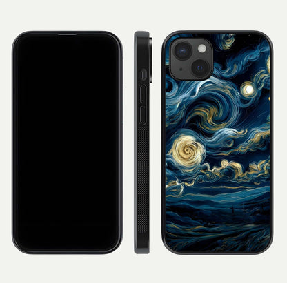 Midnight Sky Whirl Glass Case for iPhone 15 Plus front & back layout highlighting celestial movement art