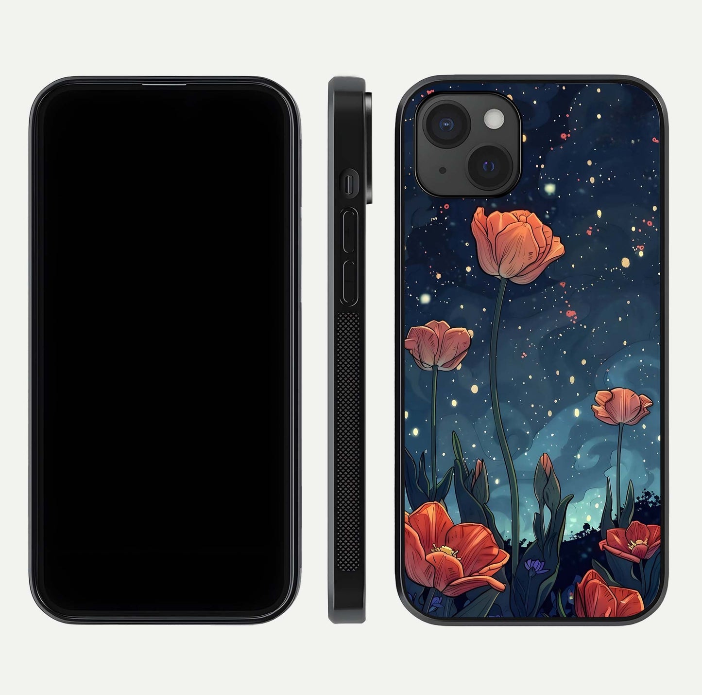 Midnight Tulip Glow Glass Case for iPhone 15 Plus front & back layout highlighting floral glow and curved edges